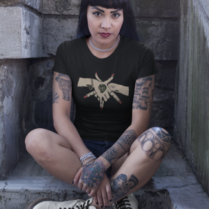 hispanic-tattooed-woman-wearing-a-round-neck-t-shirt-mockup-while-sitting-on-the-floor-17149
