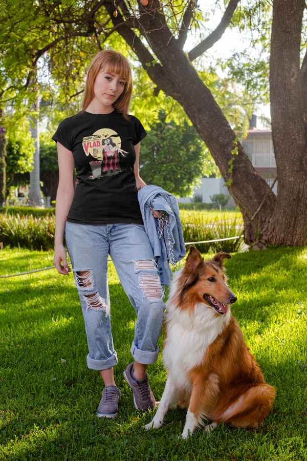 shirt-mockup-of-a-red-haired-woman-walking-with-her-dog-at-a-park-28045
