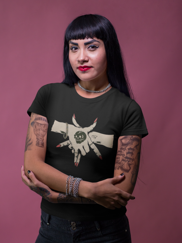 tattooed-girl-wearing-a-round-neck-tee-template-while-standing-against-a-pink-backdrop-a17147